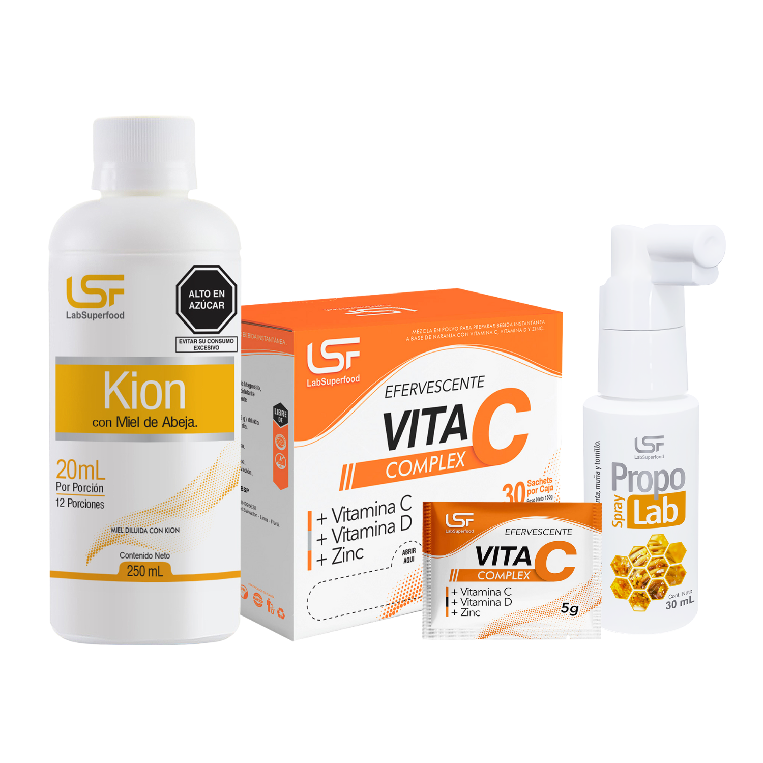 Pack Promocional Defensas: Kión con Miel de Abejas - 250ml + Vita-C - Caja x 30 Sachets + Propo Lab (Spray ) Miel, Menta, Muña y Tomillo 30ml