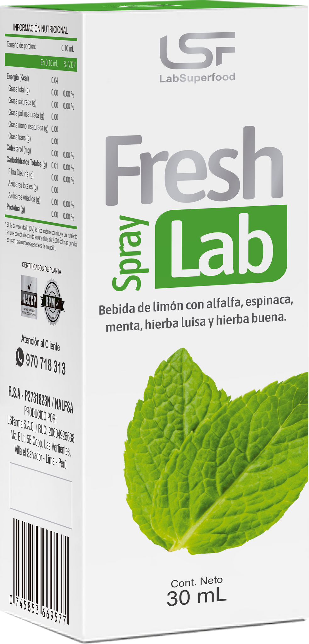 Fresh Lab(Spray )Limón con alfalfa, Espinaca, menta, Hierba Luisa y Hierba Buena 30ml